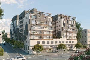 הדמיית הפרויקט של קבוצת הרכישה במתחם בנדיקט בבני ברק. קרדיט: תכנון משרד אושיקי אדריכלים